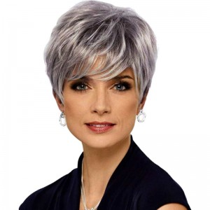 Hot Selling Gradient Silver Gray Ladies Short Hair Wig Oblique Bangs Synthetic Wig