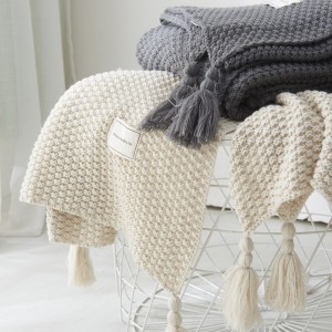 Knit Throw Blanket for Travel Picnic Beach Soft Chunky Cozy Fringed Warm Acrylic Waffle Weave Texture Decorative, 50x 60inch