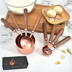 4 Sizes Wooden Handle Stainless Steel Rose Gold Measuring Cups and Spoons Set