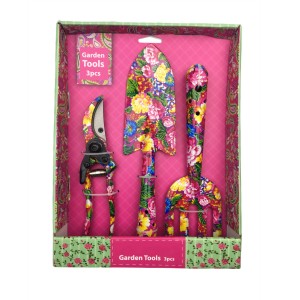 Lady 3 pieces Metal Floral Printed Gardening Tool Sets including Trowel Fork and Shears Patterned Gardening Tools