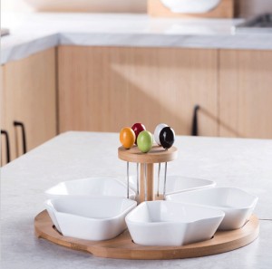 Ceramic Flower-shaped Snack Plate Seasoning Plate Fruit Dessert Bowl With Bamboo Wood Stand Kitchen Restaurant Hotel Tableware