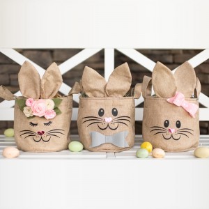 Wholesale Custom Kids Easter Candy Bucket Long Bunny Bags Ears Burlap Linen Easter Basket