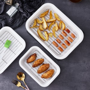 high quality kitchen tools rectangle white nonstick kitchenware baking tray ceramic bakeware with metal rack
