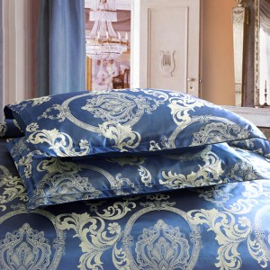 European Retro Baroque Style OEKO-TEX Custom Jacquard Simple Blue Solid Colour Satin Duvet Cover Set