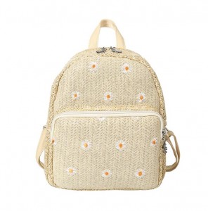 Summer Outdoor Women Daisy Lace Embroidery Travel Rucksack Custom Mini Woven Straw Backpack