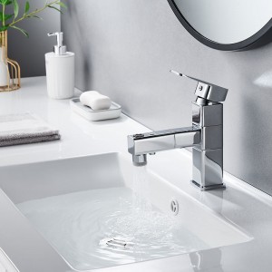 Tall Square Chrome Hot Cold Water Single Handle Bathroom Brass Modern Pull Out Basin Faucet