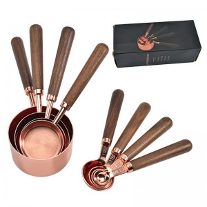 4 Sizes Wooden Handle Stainless Steel Rose Gold Measuring Cups and Spoons Set