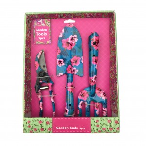 Lady 3 pieces Metal Floral Printed Gardening Tool Sets including Trowel Fork and Shears Patterned Gardening Tools