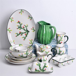 Cactus Pattern Ceramic Chinese white Dinner Set Porcelain Moroccan Dinner Set Stoneware Cactus Cups crocery set dinnerware