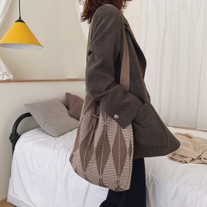 INS Korean Fashion Stripe Color Contrast Wool Knitting Bucket Tote Bag Woven Shoulder Messenger Bag
