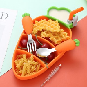 Friendly Cartoon Carrot Baby Suction Silicone Dinner Plate Dish Divided Plates Set Kids Baby Silicone Dinnerware Set