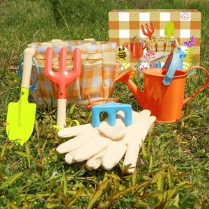 7 pieces garden Designed for Kids Tote Bag Spade Watering Can Rake Fork Trowel plant label peat pots Gardening Tool Set