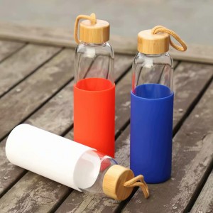 eco-friendly BPA-free Wide Mouth bamboo lid glass Water Bottle with Silicone Sleeve