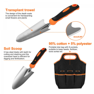 Garden Tool Set Stainless Steel Heavy Duty Gardening Tool Set with Non-Slip Rubber Grip Storage Tote Bag Outdoor Hand Tools