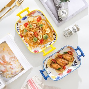 Square Porcelain Bakeware Collection for Floral Pizza Pie Cheese Serving Bakeware Oven Household Tableware