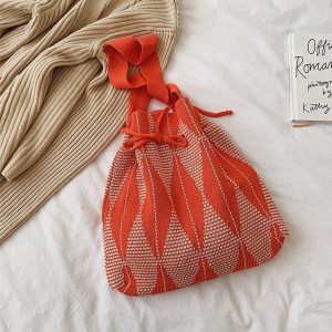 INS Korean Fashion Stripe Color Contrast Wool Knitting Bucket Tote Bag Woven Shoulder Messenger Bag