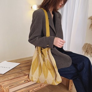 INS Korean Fashion Stripe Color Contrast Wool Knitting Bucket Tote Bag Woven Shoulder Messenger Bag
