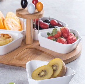 Ceramic Flower-shaped Snack Plate Seasoning Plate Fruit Dessert Bowl With Bamboo Wood Stand Kitchen Restaurant Hotel Tableware