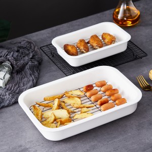 high quality kitchen tools rectangle white nonstick kitchenware baking tray ceramic bakeware with metal rack