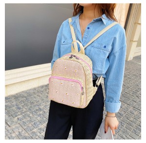 Summer Outdoor Women Daisy Lace Embroidery Travel Rucksack Custom Mini Woven Straw Backpack