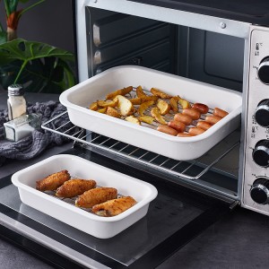 high quality kitchen tools rectangle white nonstick kitchenware baking tray ceramic bakeware with metal rack