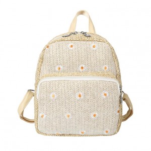 Summer Outdoor Women Daisy Lace Embroidery Travel Rucksack Custom Mini Woven Straw Backpack
