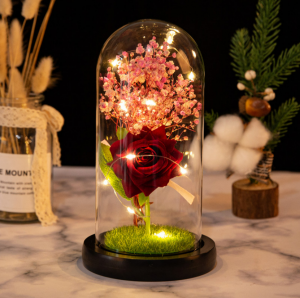 New Products Beauty and the Beast Rose in Glass Dome Eternal Rose with Led Lights Preserved Flower for Valentine Day