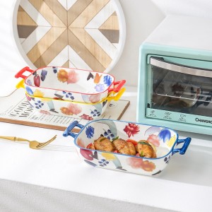 Square Porcelain Bakeware Collection for Floral Pizza Pie Cheese Serving Bakeware Oven Household Tableware