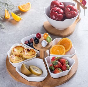 Ceramic Flower-shaped Snack Plate Seasoning Plate Fruit Dessert Bowl With Bamboo Wood Stand Kitchen Restaurant Hotel Tableware