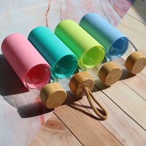 eco-friendly BPA-free Wide Mouth bamboo lid glass Water Bottle with Silicone Sleeve