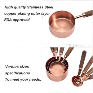 4 Sizes Wooden Handle Stainless Steel Rose Gold Measuring Cups and Spoons Set