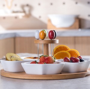 Ceramic Flower-shaped Snack Plate Seasoning Plate Fruit Dessert Bowl With Bamboo Wood Stand Kitchen Restaurant Hotel Tableware