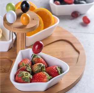 Ceramic Flower-shaped Snack Plate Seasoning Plate Fruit Dessert Bowl With Bamboo Wood Stand Kitchen Restaurant Hotel Tableware