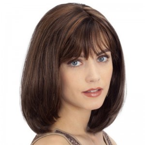 Synthetic wig chocolate color Bobo medium long hair straight hair with bangs