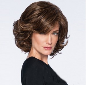 Women’s brown short hair slanted bangs fluffy curly hair synthetic wig