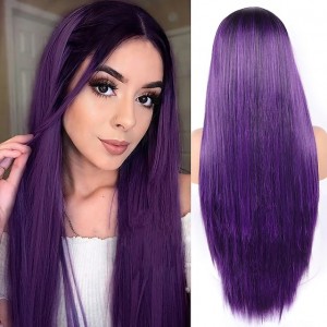 Women’s medium-parted long straight hair highlights gradient multi-color fashionable synthetic wig